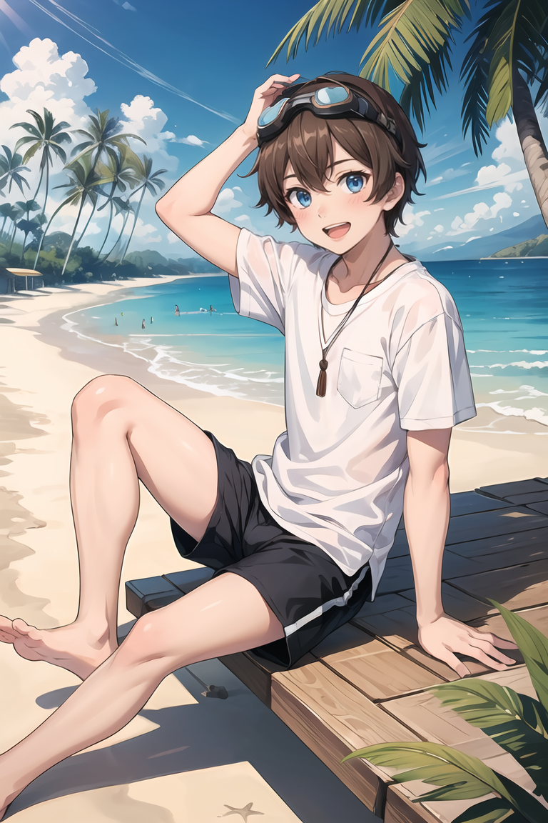 407825-4129687168-masterpiece,best quality,1boy,solo,goggles on head,male focus,blue eyes,outdoors,barefoot,shorts,open mouth,smile,looking at vie.png